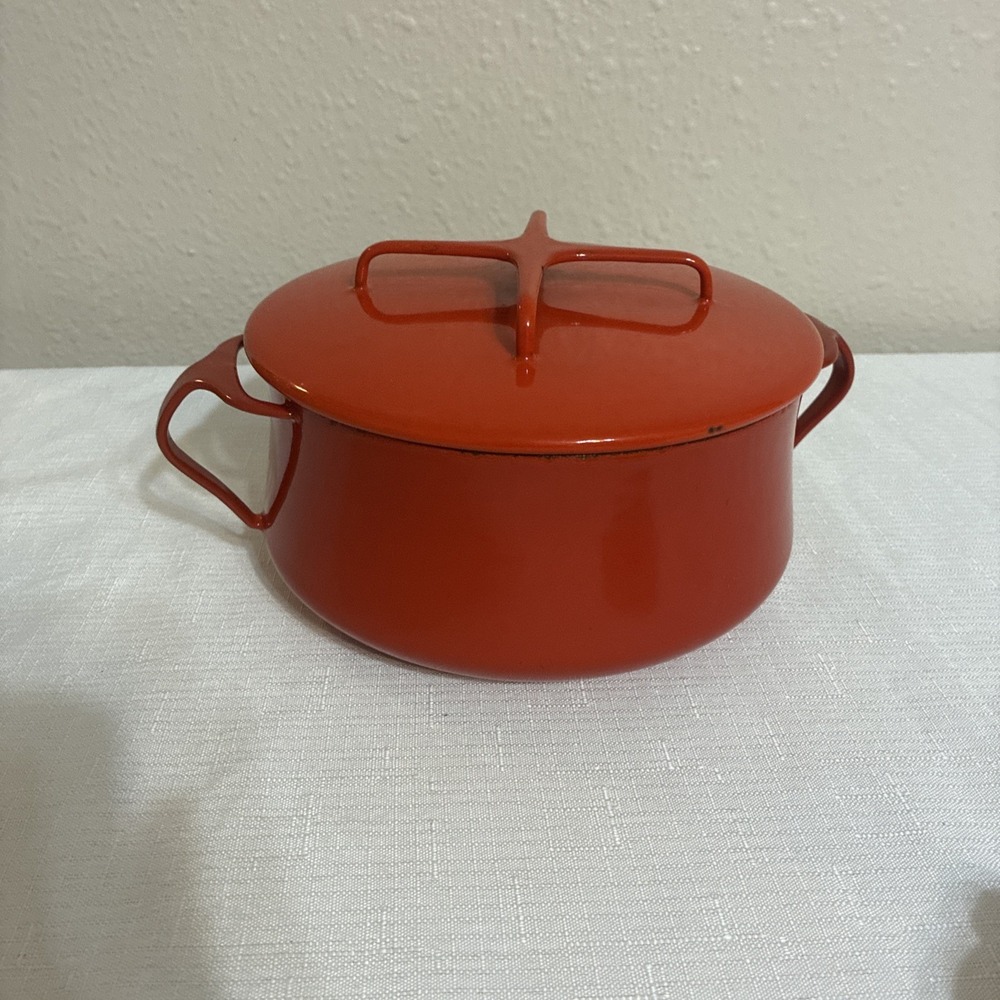 Vintage MCM Dansk 2 QT Red Enamel Kobenstyle Dutch Oven Pot With Trivet Lid